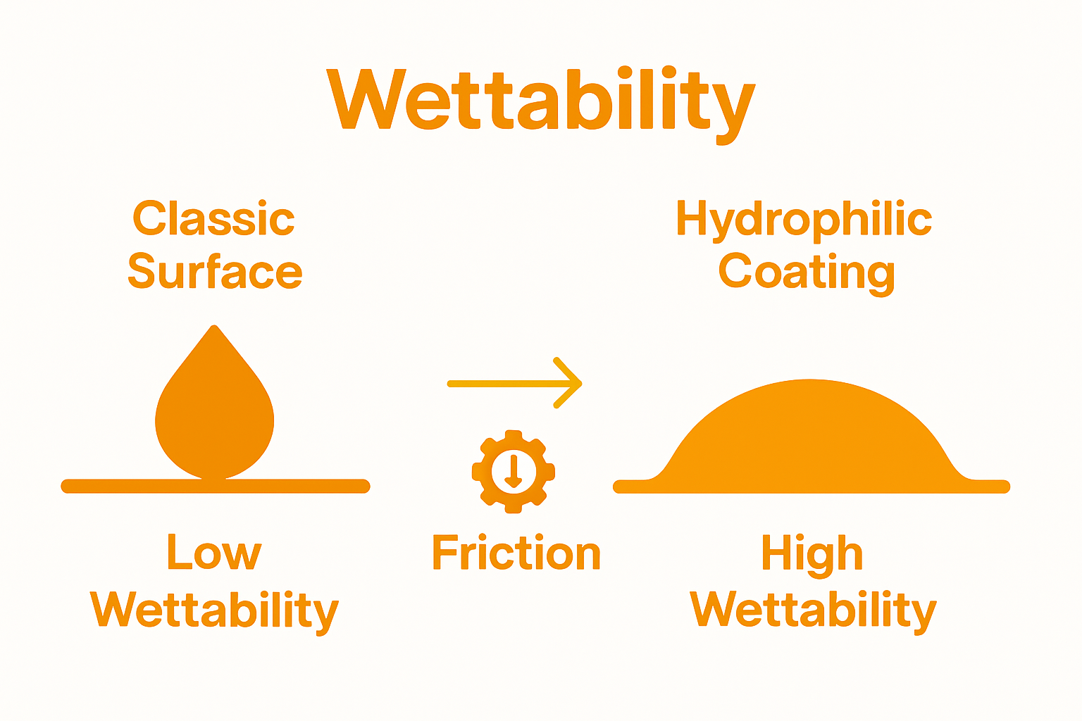 Infographic comparing water behavior on hydrophilic vs. untreated surfaces