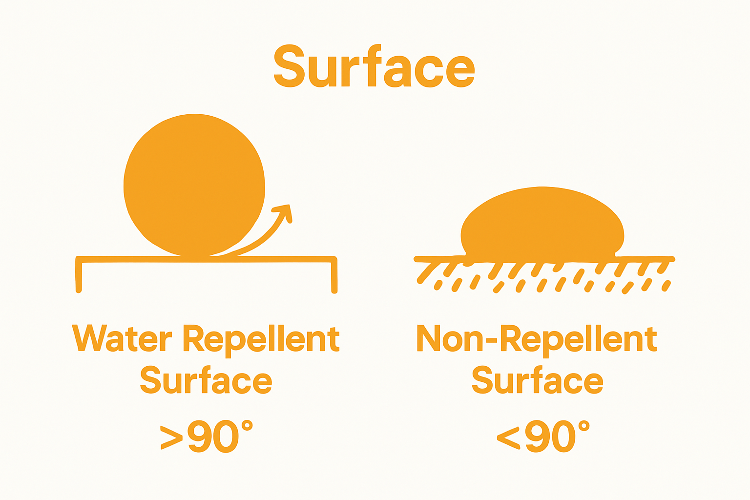Infographic comparing beading of water on repellent versus absorbing surfaces