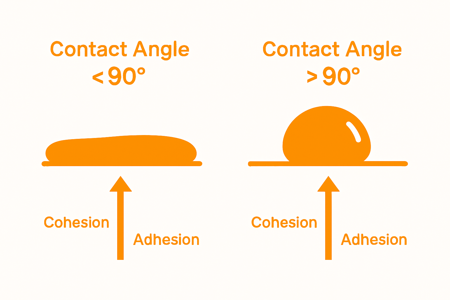 Infographic comparing water spreading and beading contact angles