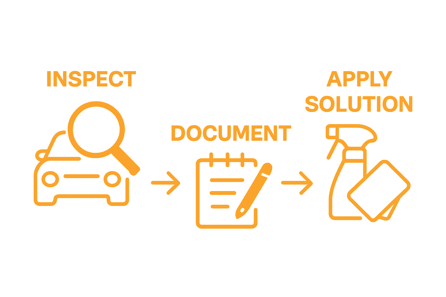 Infographic showing three steps: inspect stain, document, and apply cleaning solution