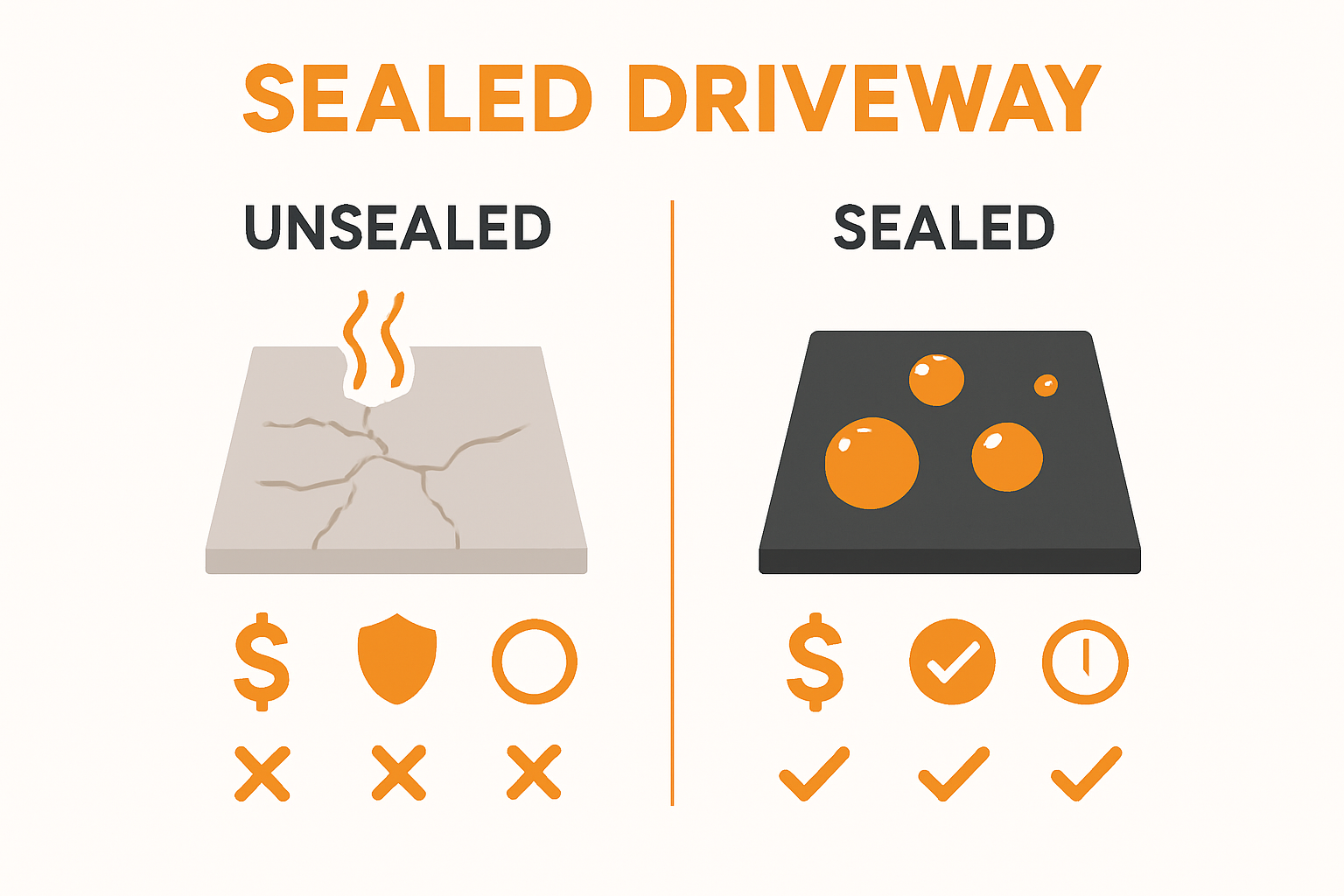 Comparison of unsealed vs. sealed driveway with protection, cost, and lifespan icons