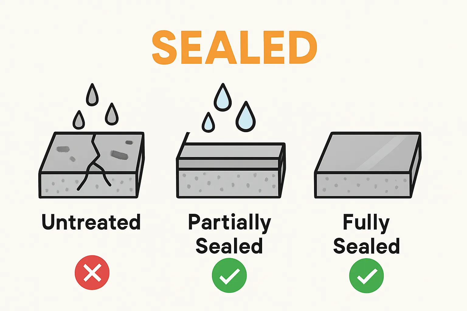 Infographic compares unsealed, partially sealed, and fully sealed concrete surfaces with icons and water resistance cues.