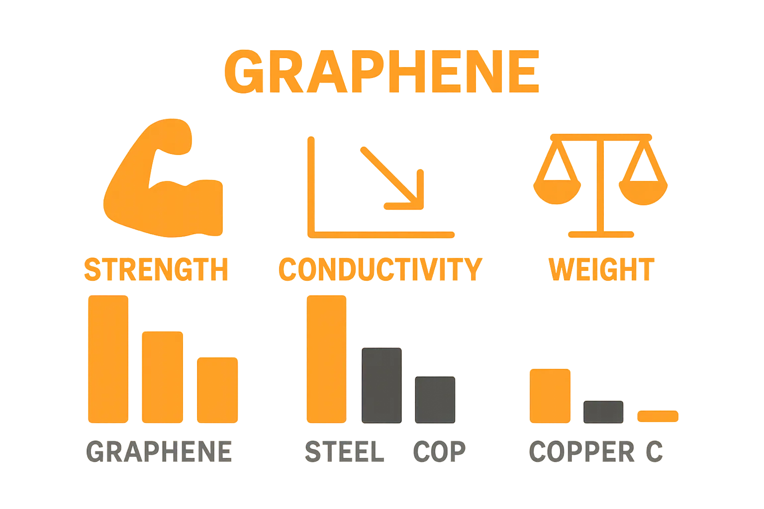 Infographic comparing graphene, steel, and copper in strength, conductivity, and weight