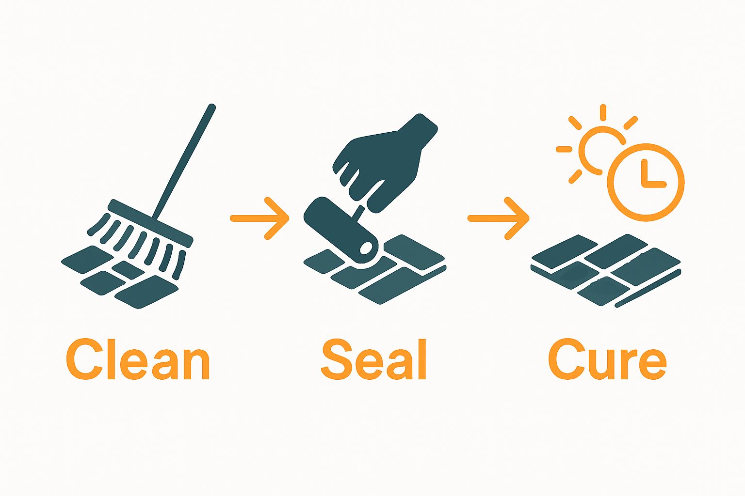 Graphic showing cleaning, sealing, and curing of pavers as a simple three-step process