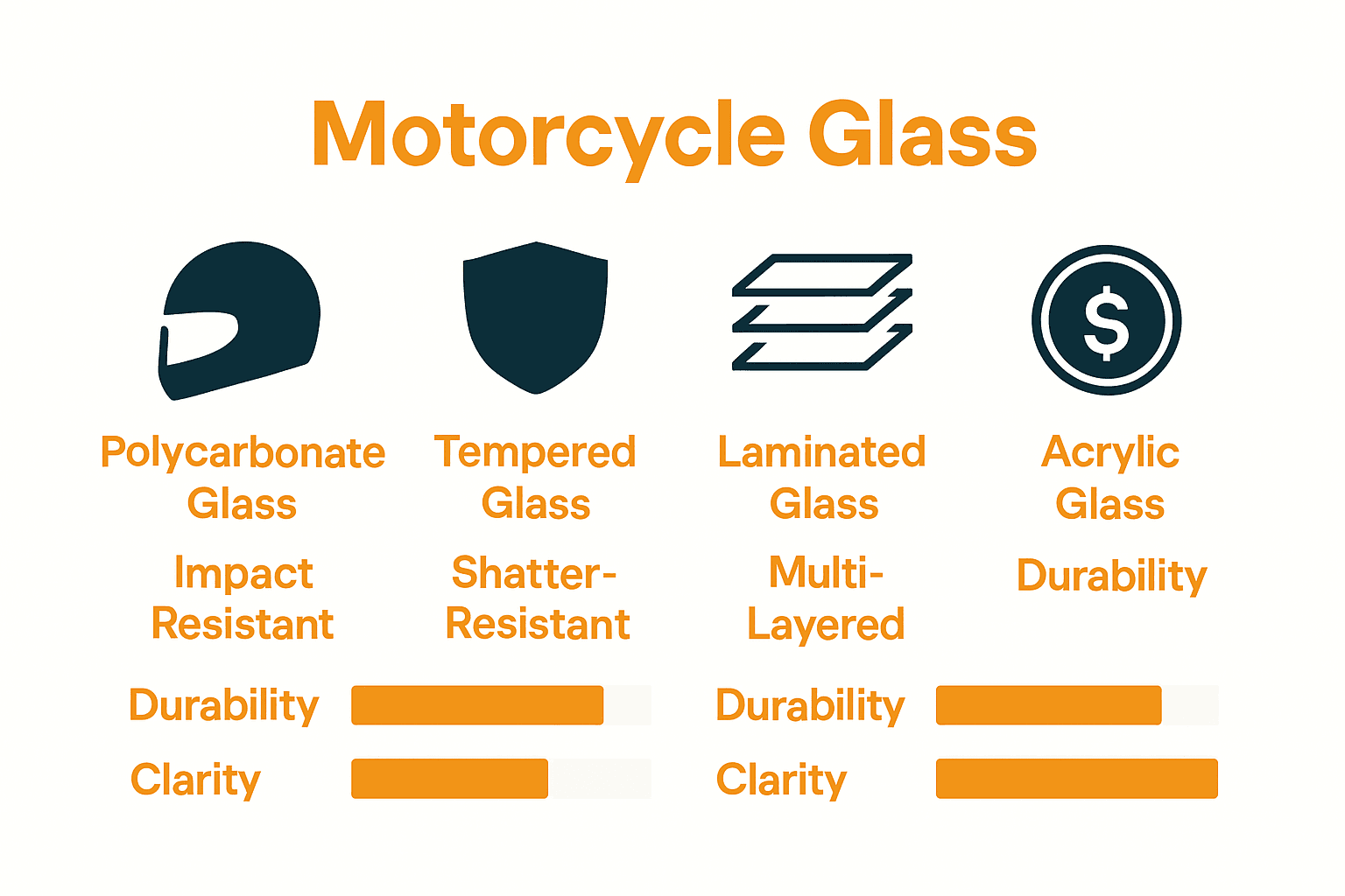 Side-by-side infographic comparing motorcycle glass types with icons and feature bars.