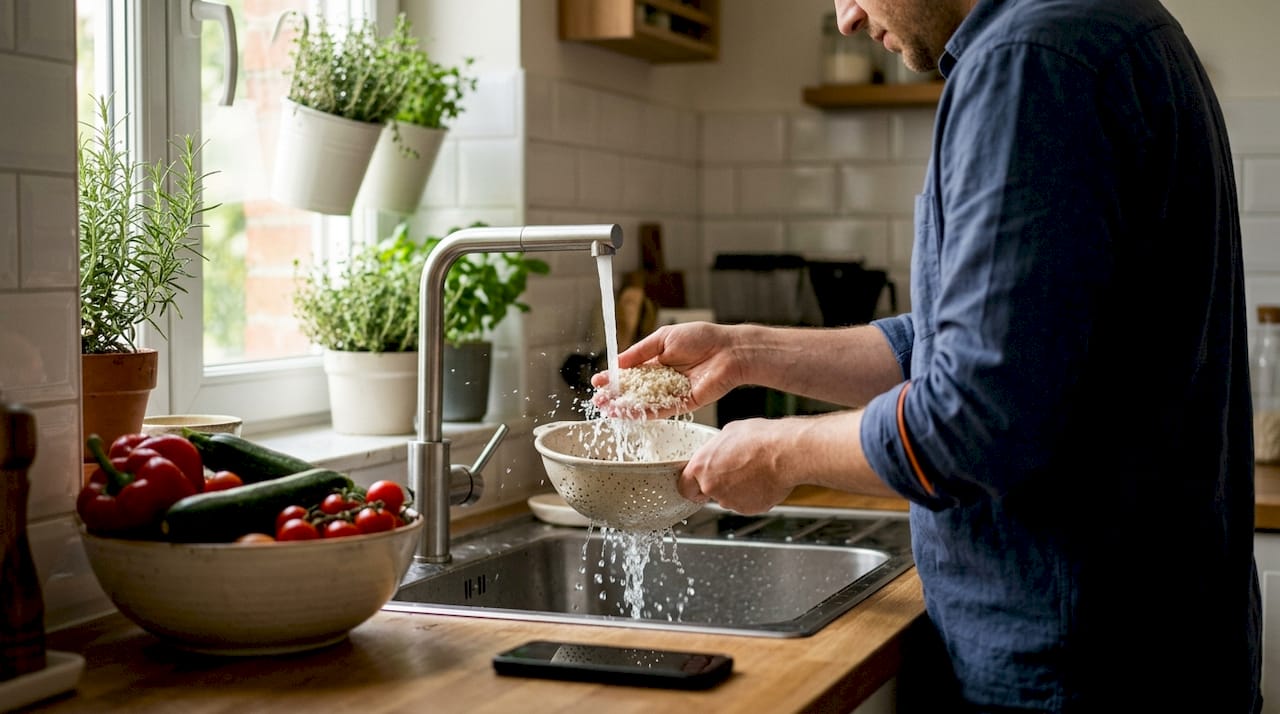 Spoel de basmatirijst goed af onder de kraan in een vergiet, zodat het zetmeel eraf gaat.