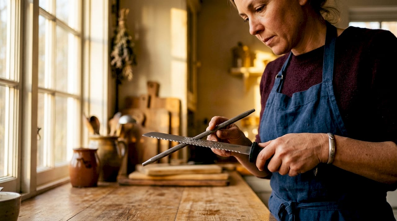 Chef sharpening serrated knife with diamond rod