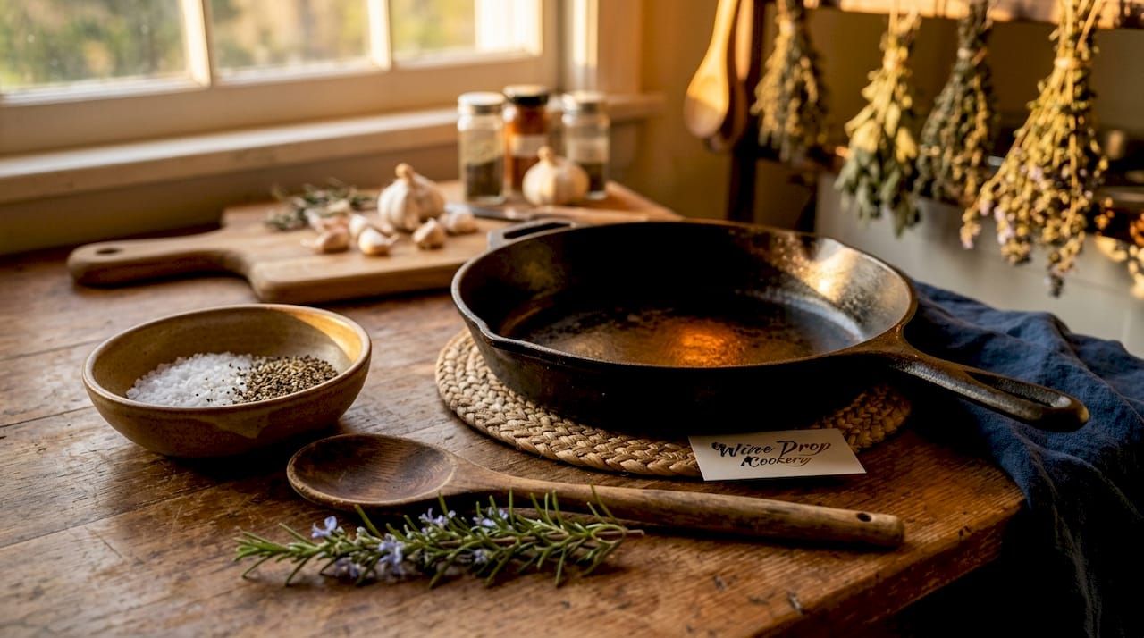 Preheated cast iron pan in oven with seasoning supplies