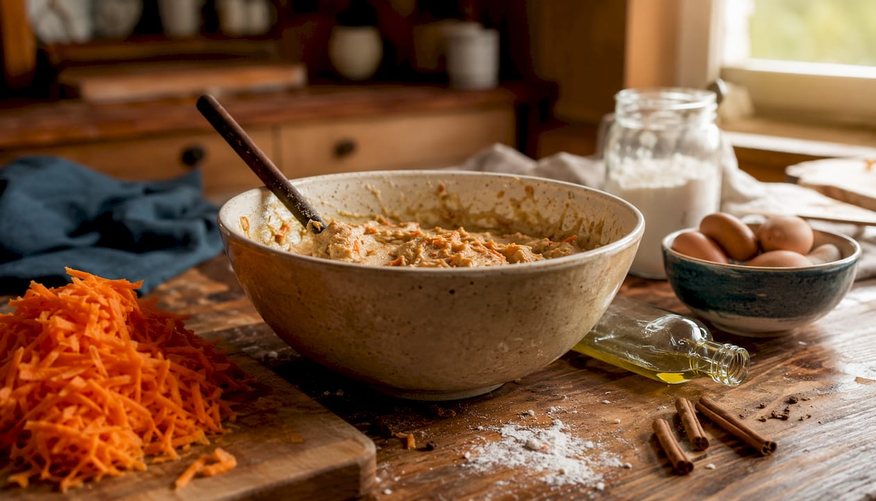 Mixing bowl with carrot cake batter and essential ingredients