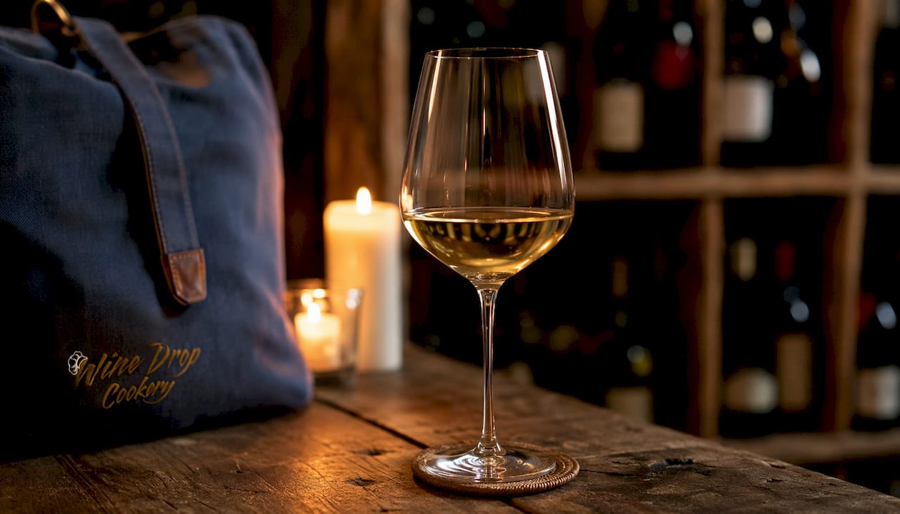 Narrow white wine glass on bar counter