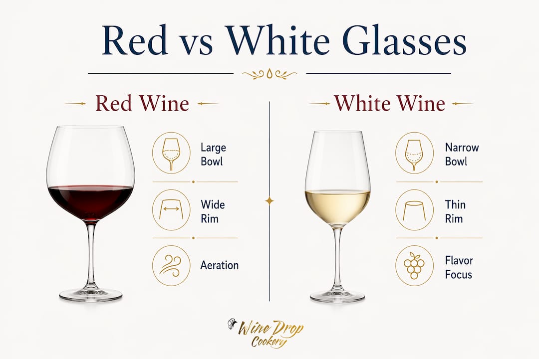 Infographic comparing red and white wine glasses