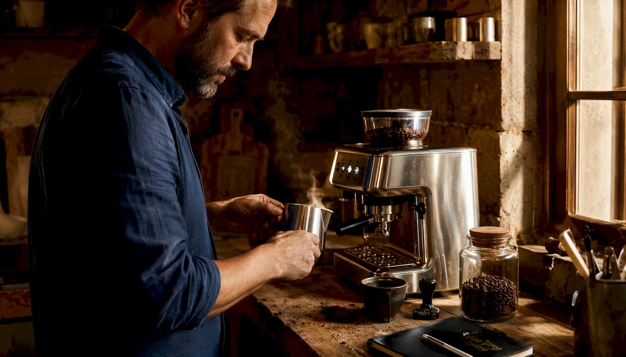 Man preparing espresso with home espresso machine