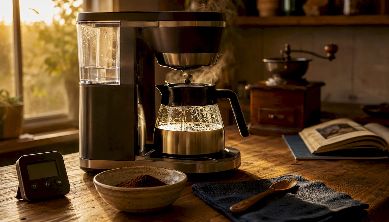 Overhead view brewing programmable drip coffee