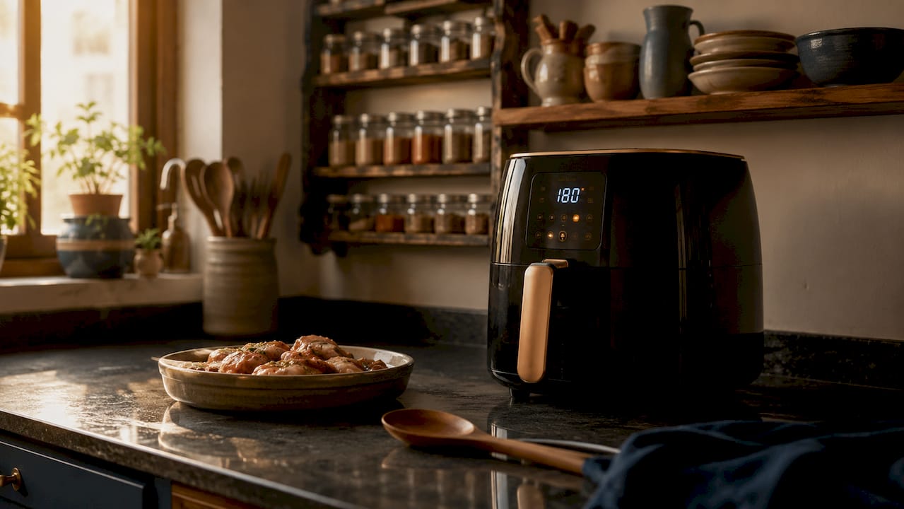 Overhead view of air fryer preheating on kitchen counter