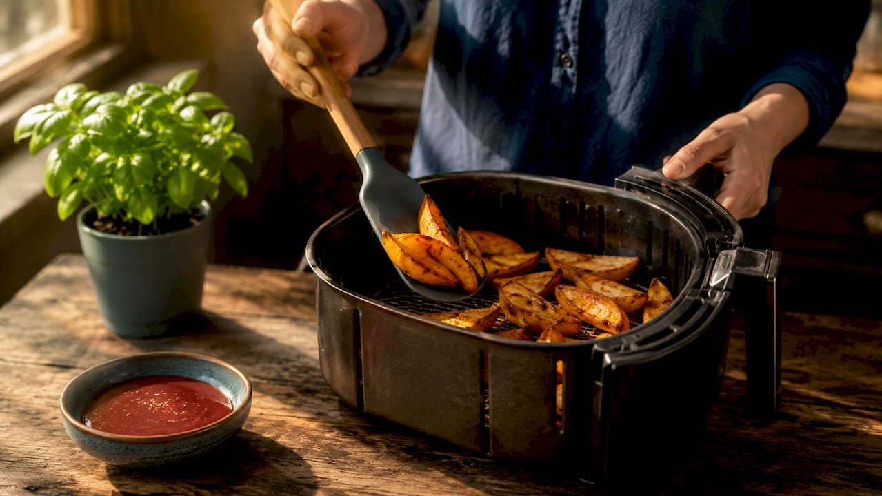 Hands with silicone spatula in air fryer basket