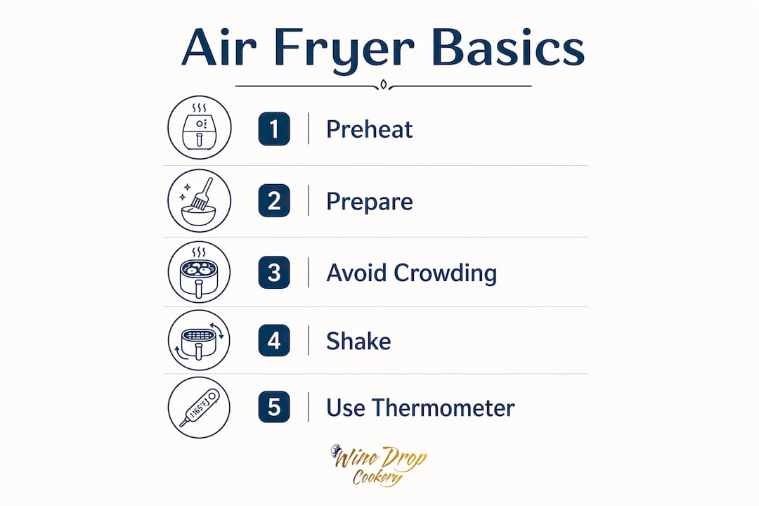 Infographic showing five key air fryer usage steps