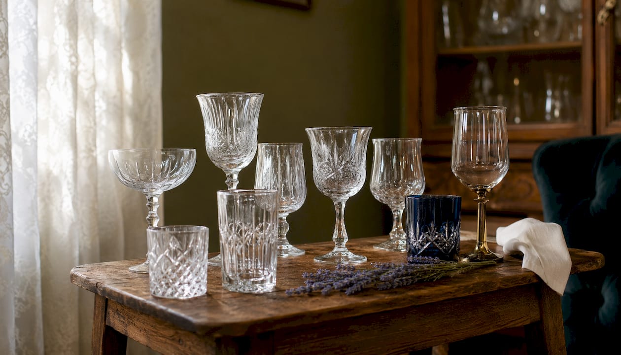 Varied wine glasses on wooden table top-down