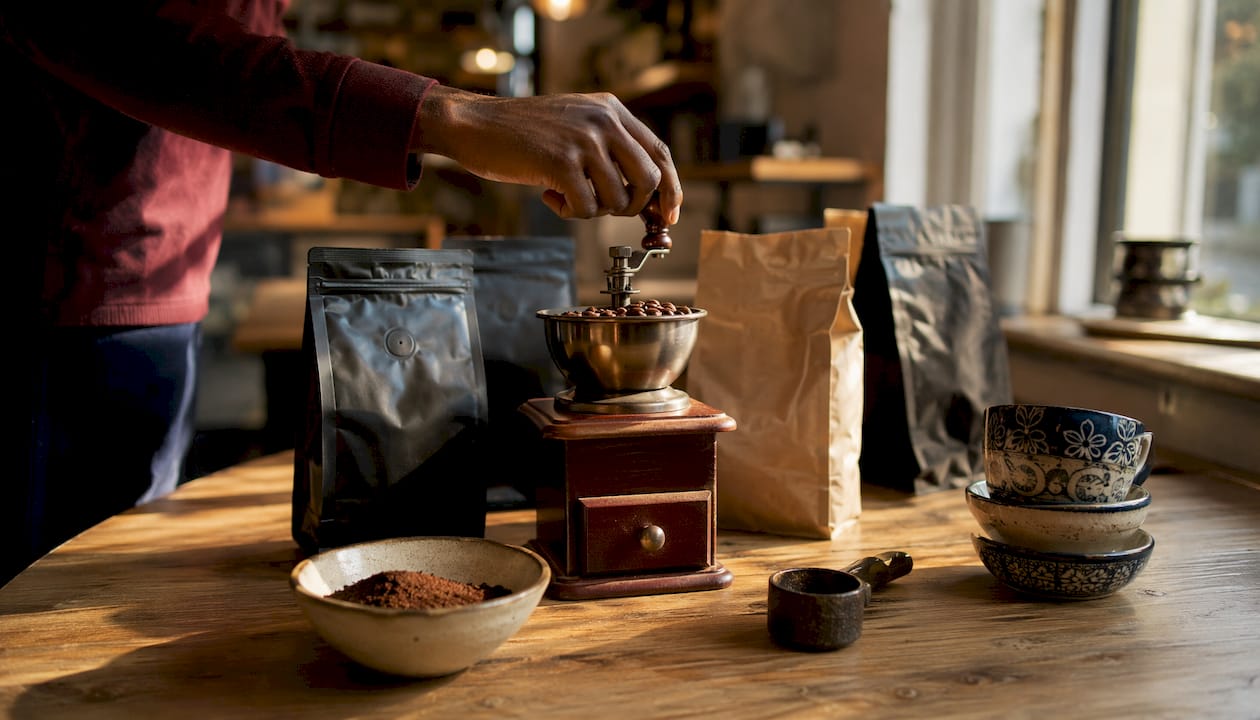 Overhead view of coffee beans and grinder setup