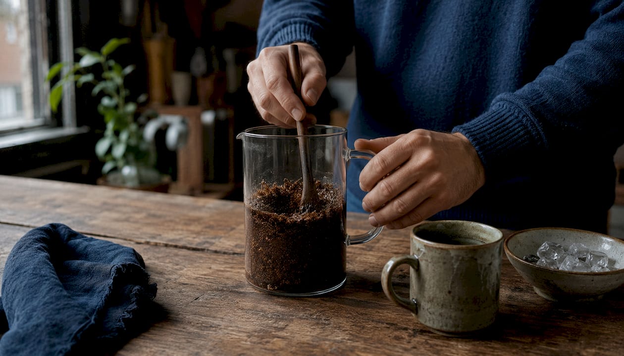 Hands pouring water over coffee grounds for cold brew