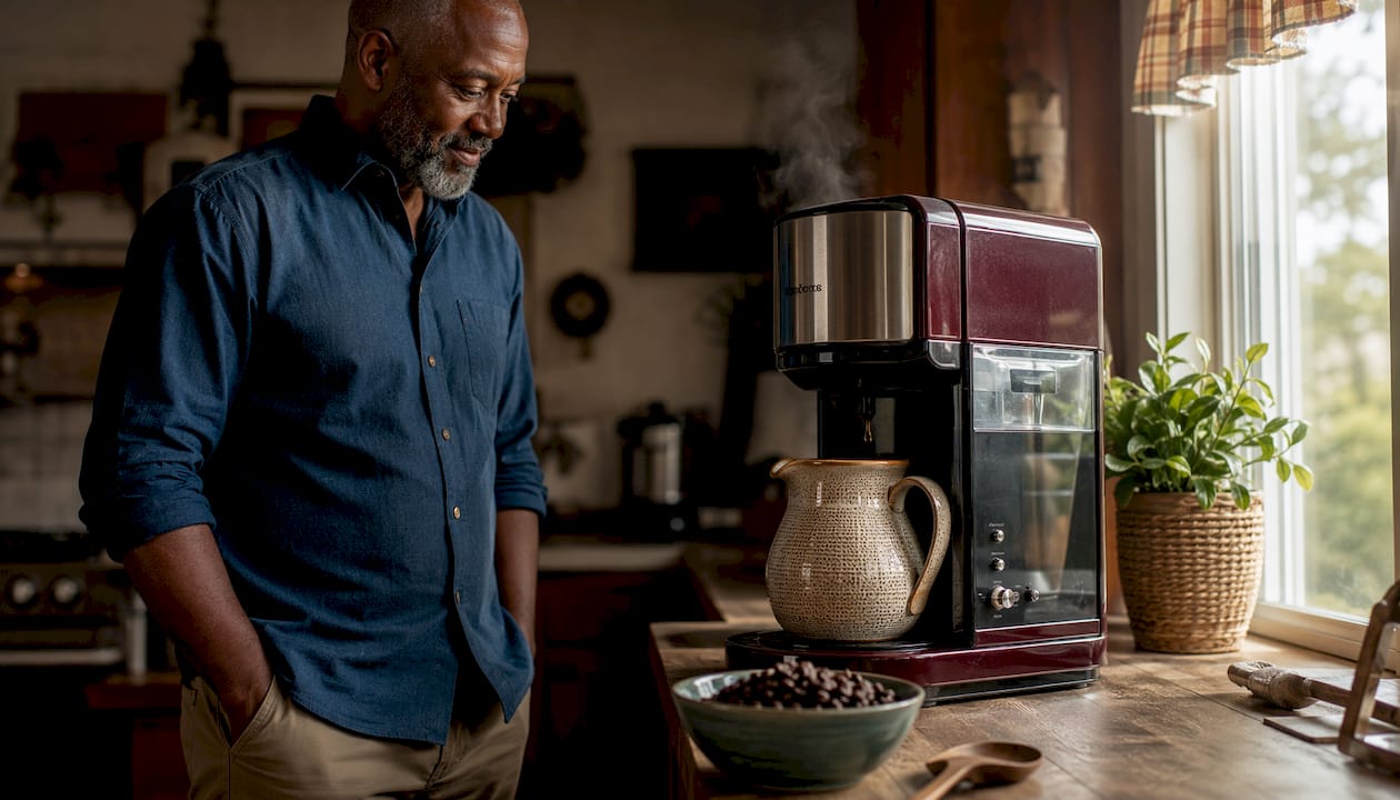 Man using drip coffee machine in kitchen