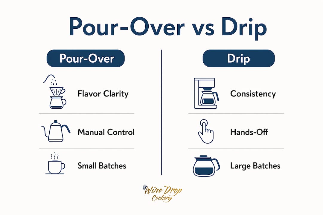 Infographic comparing pour-over and drip coffee methods