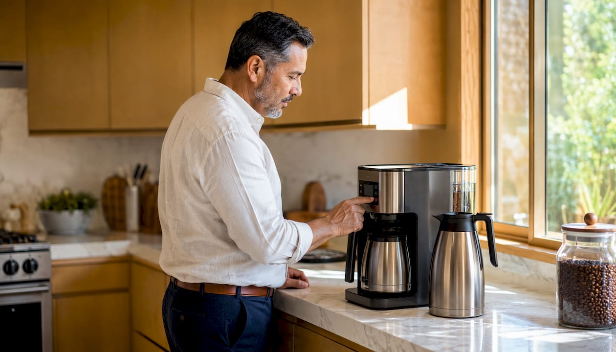 Hands adjusting the controls on a drip coffee maker