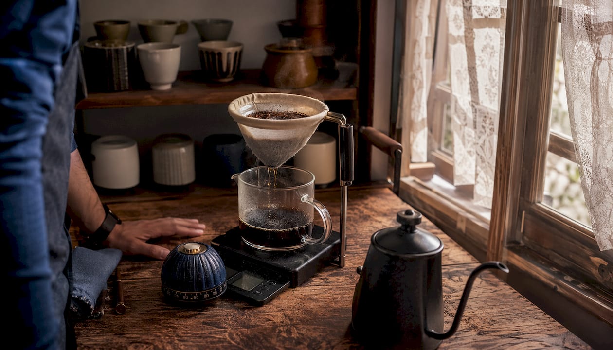 Manual drip coffee brewing equipment on a countertop