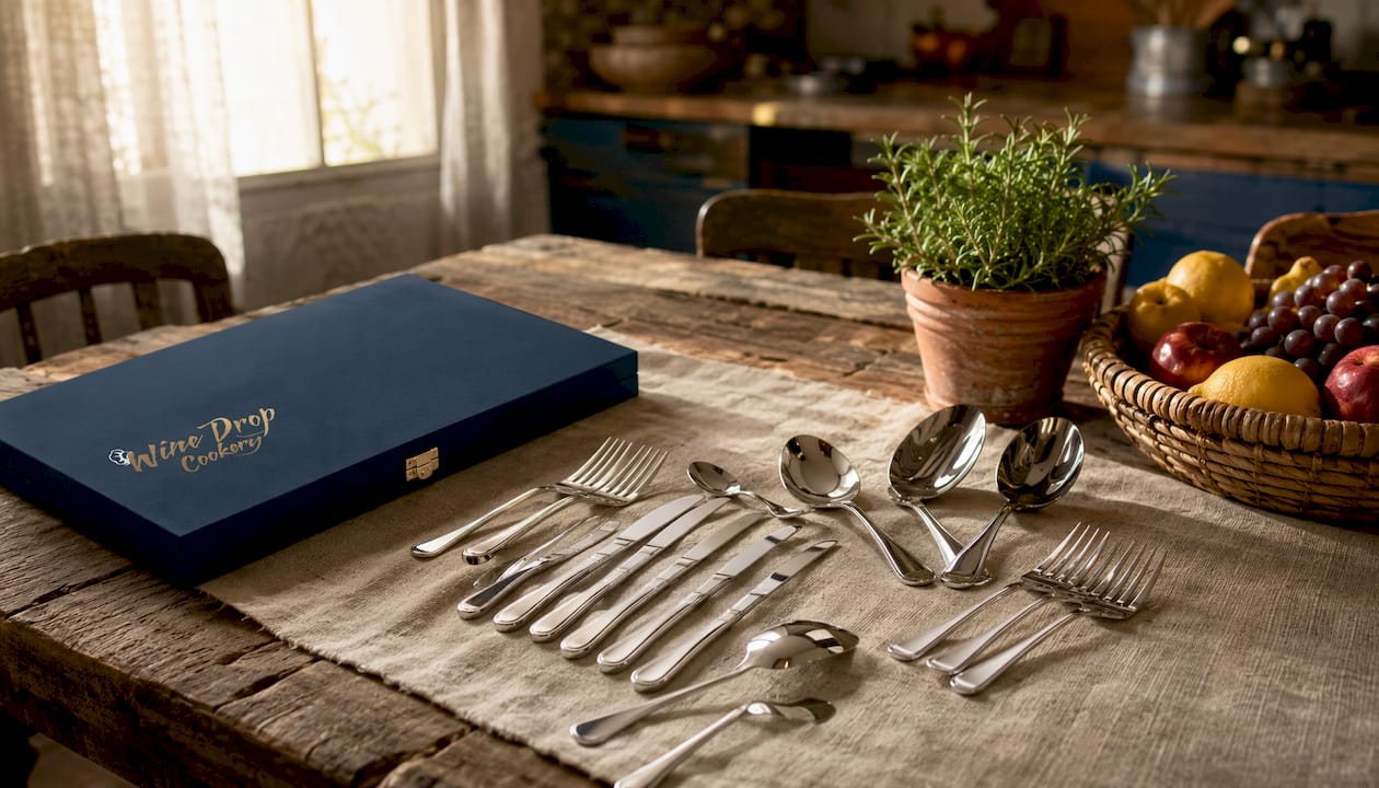 Premium 18/10 stainless steel flatware set on slate tabletop