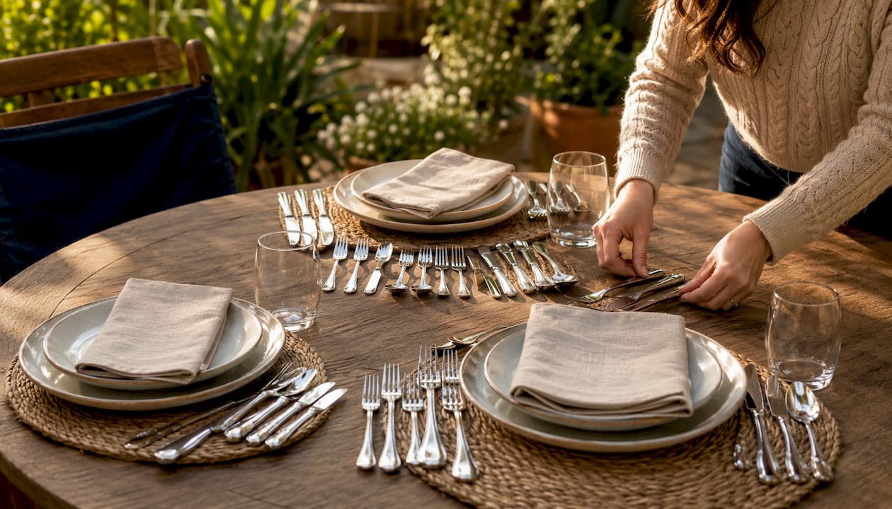 Comparative flatware sets sizes arranged on dining table