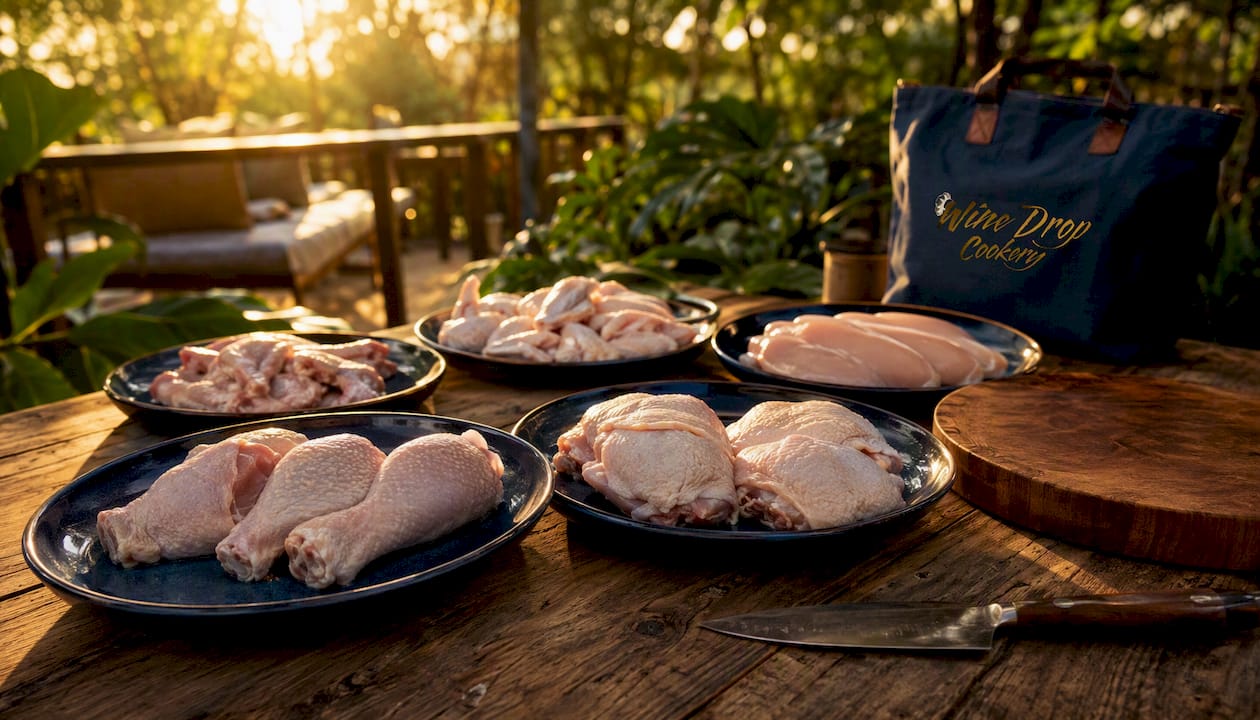 Different raw chicken cuts on table