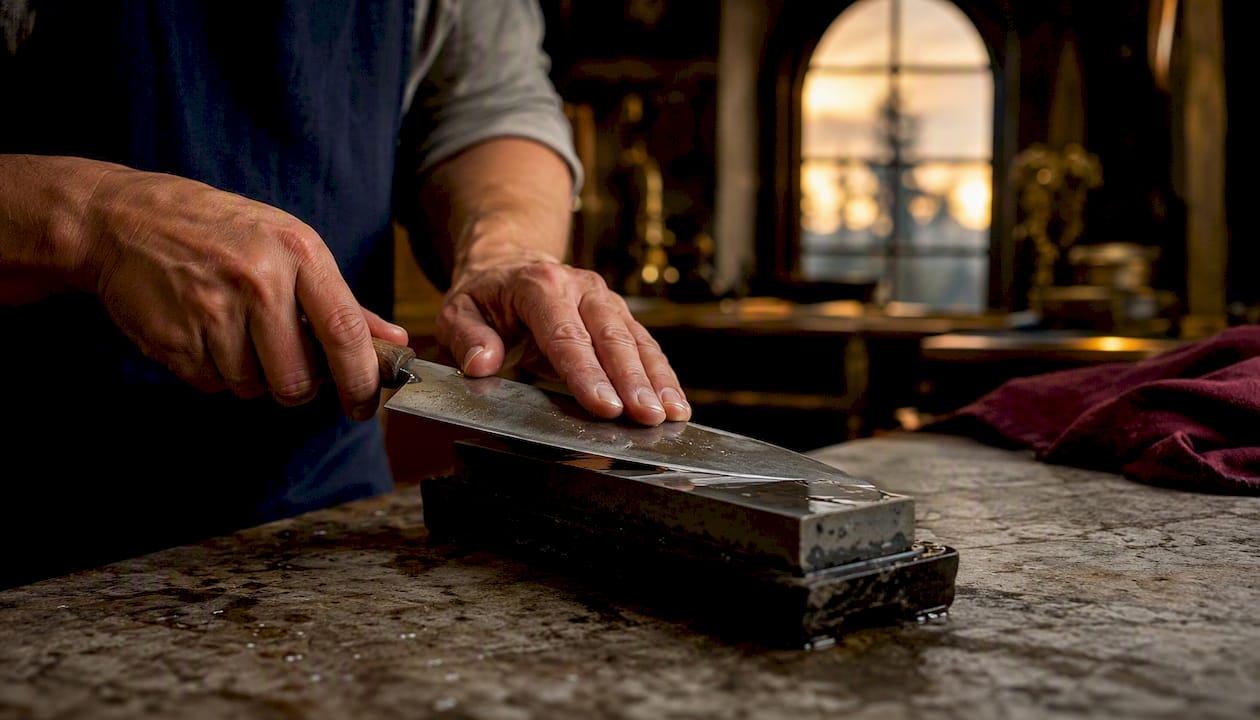 Hands sharpening chef knife on whetstone
