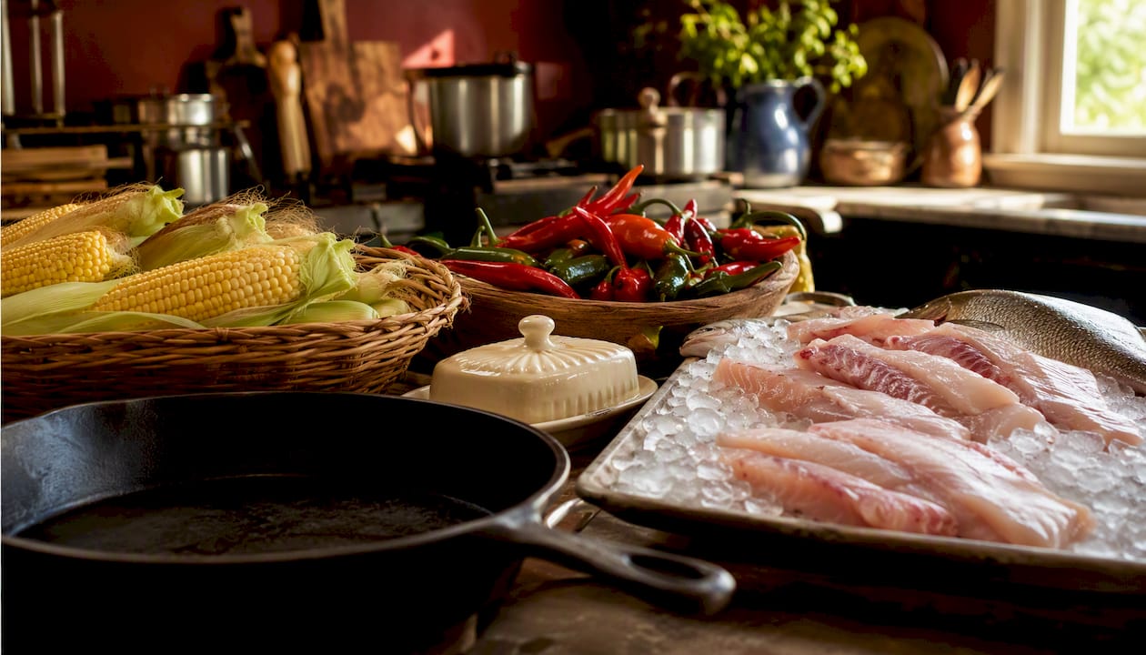 Regional cooking ingredients on rustic kitchen counter