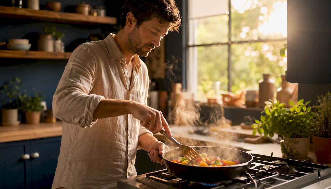 Vegetables sautéing in pan with spatula