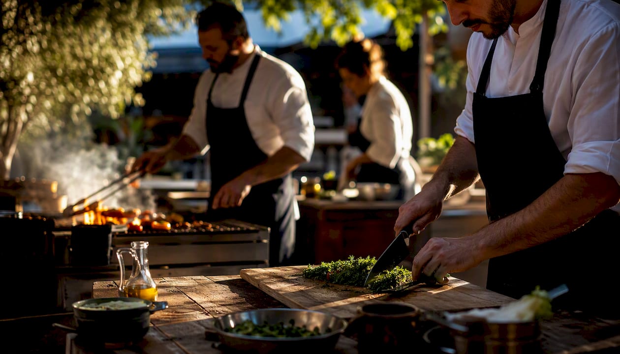 Kitchen brigade chefs working stations