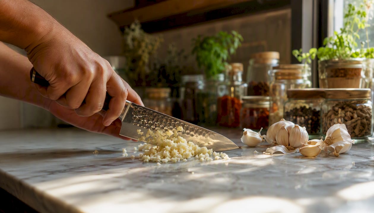 Hands chopping herbs with knife