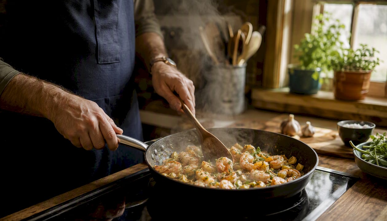 Hands cooking shrimp in skillet