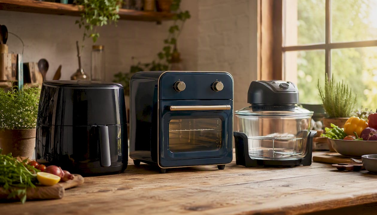 Three styles of air fryer on kitchen counter