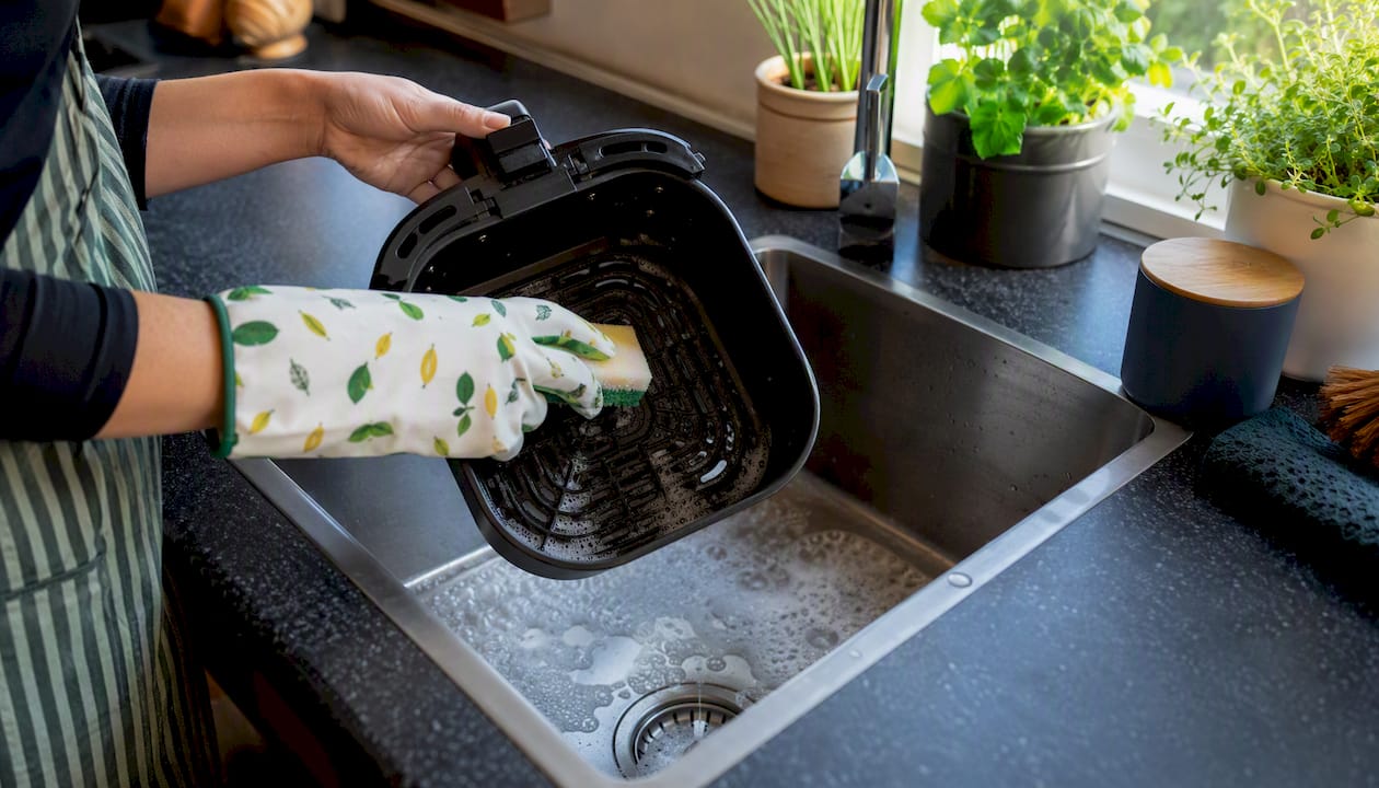 Hand cleaning air fryer basket with sponge