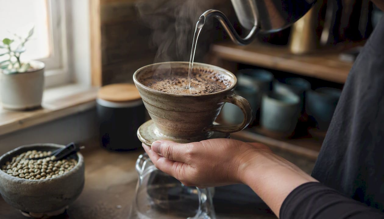 Hands holding ceramic pour-over coffee dripper