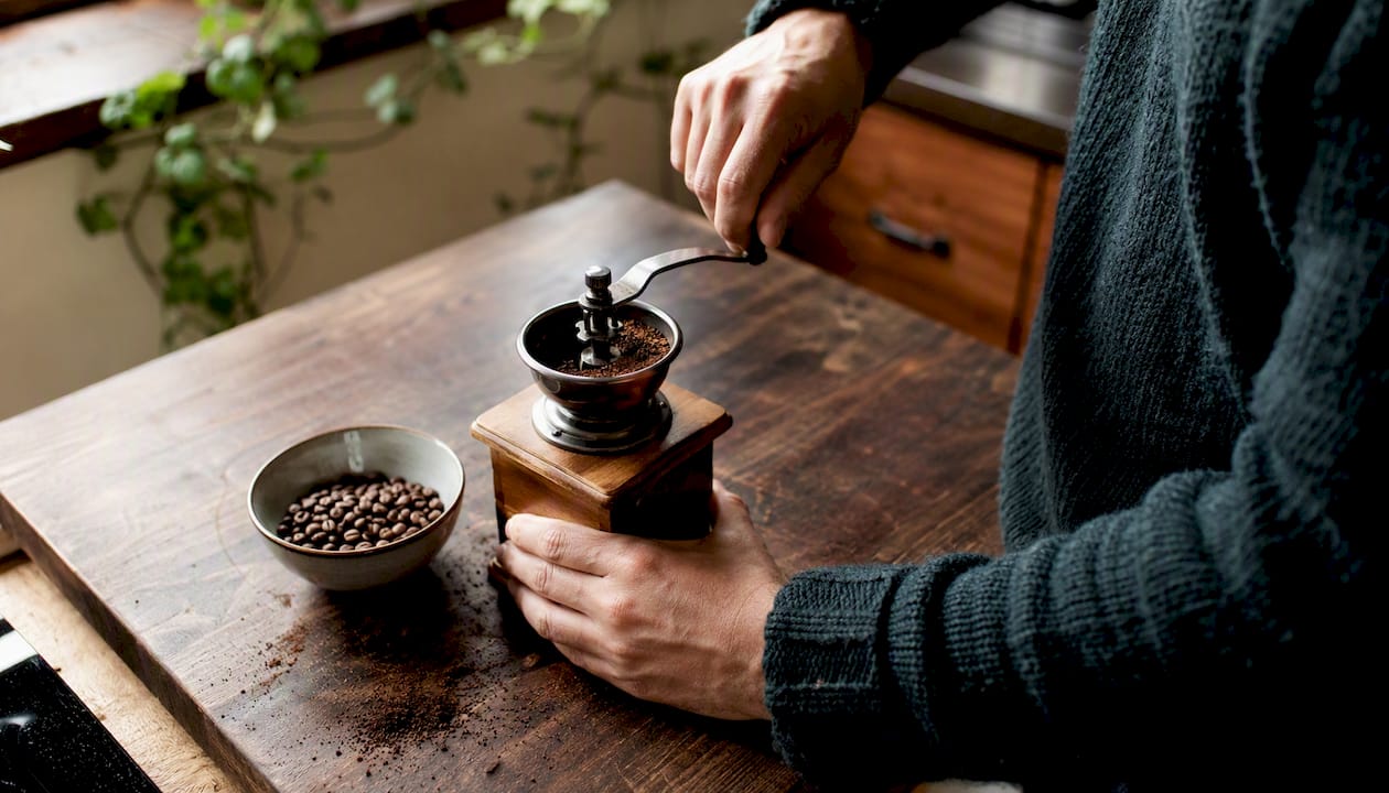 Hands turning crank on burr coffee grinder