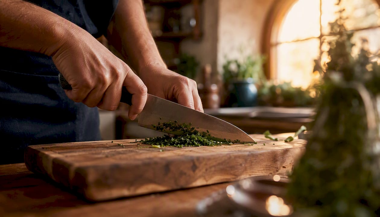 Hands rocking chef's knife to mince herbs on board