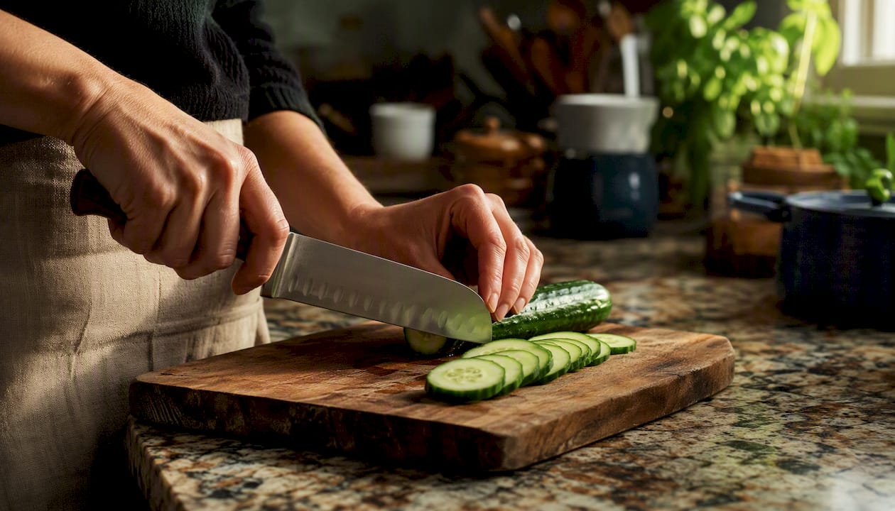 Hands push-cutting cucumber with santoku knife