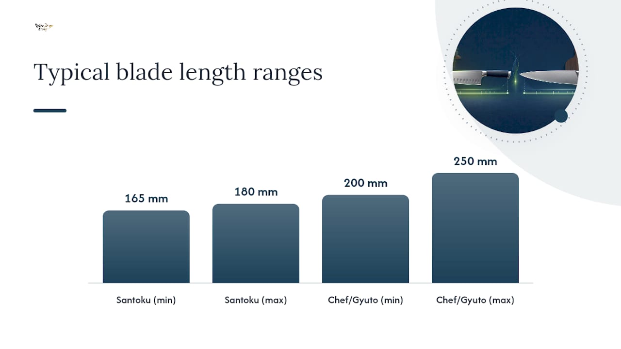 Diagram comparing santoku and chef knife blade specifications