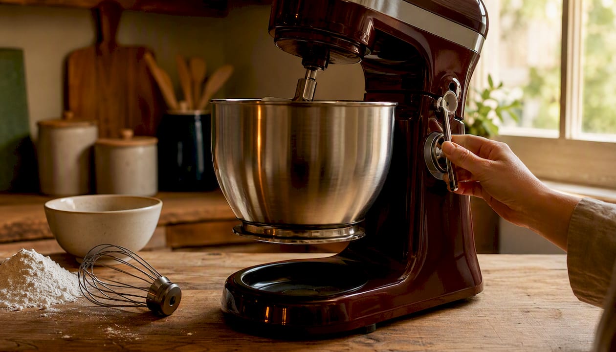 Hand raising bowl on bowl-lift mixer