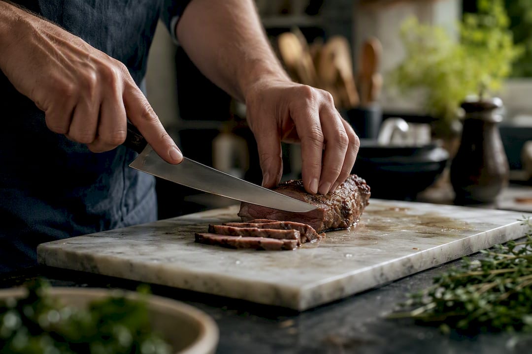 Safety knife grip slicing meat on board