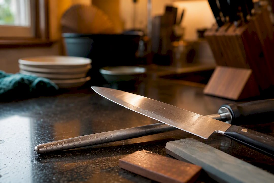 Close-up of fillet knife edge sharpening on countertop