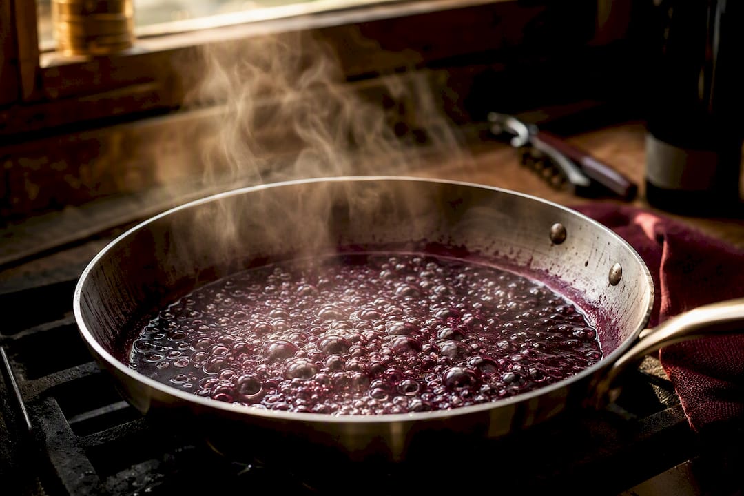 Simmering wine reducing in pan with steam