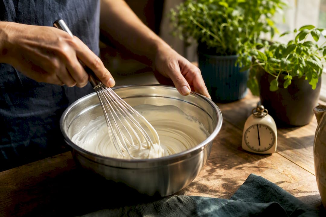 Wire whisk whipping cream in bowl