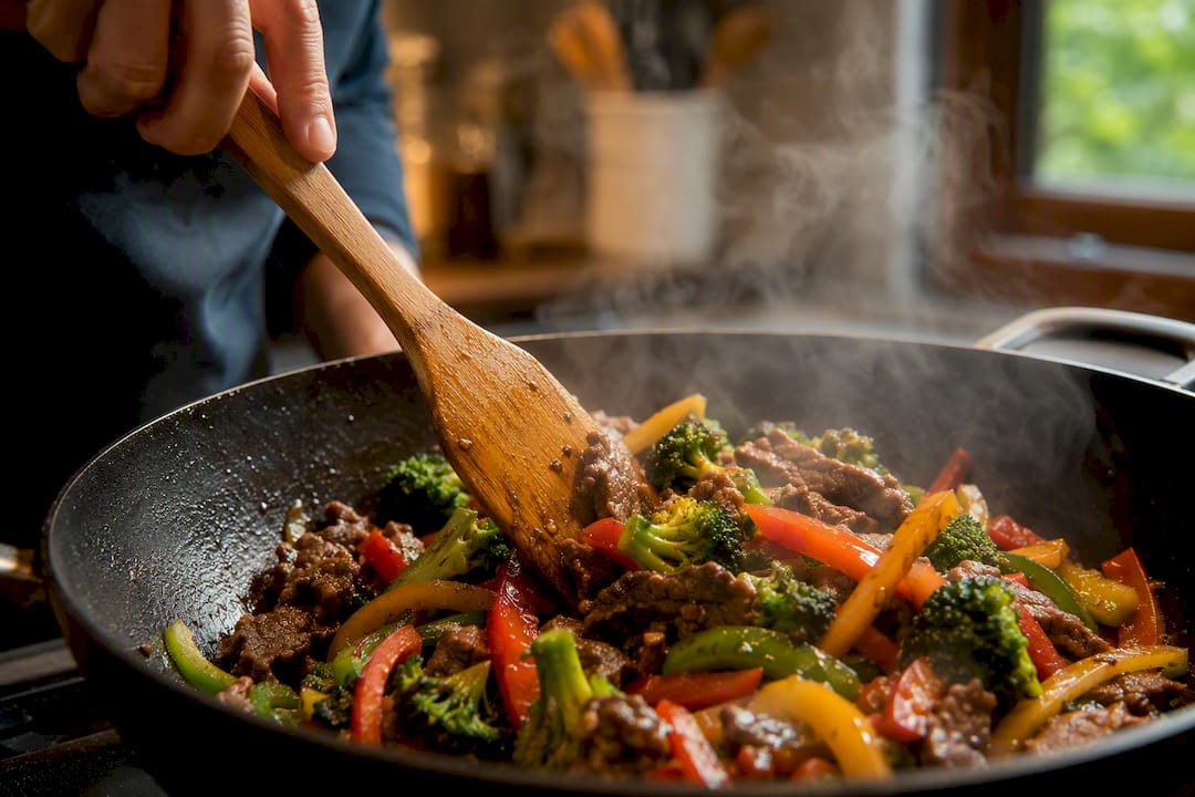 Beef and vegetable stir-fry mid-cook in skillet