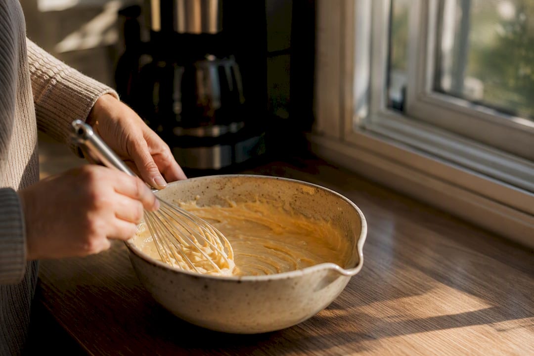 Hands whisking batter in wooden bowl